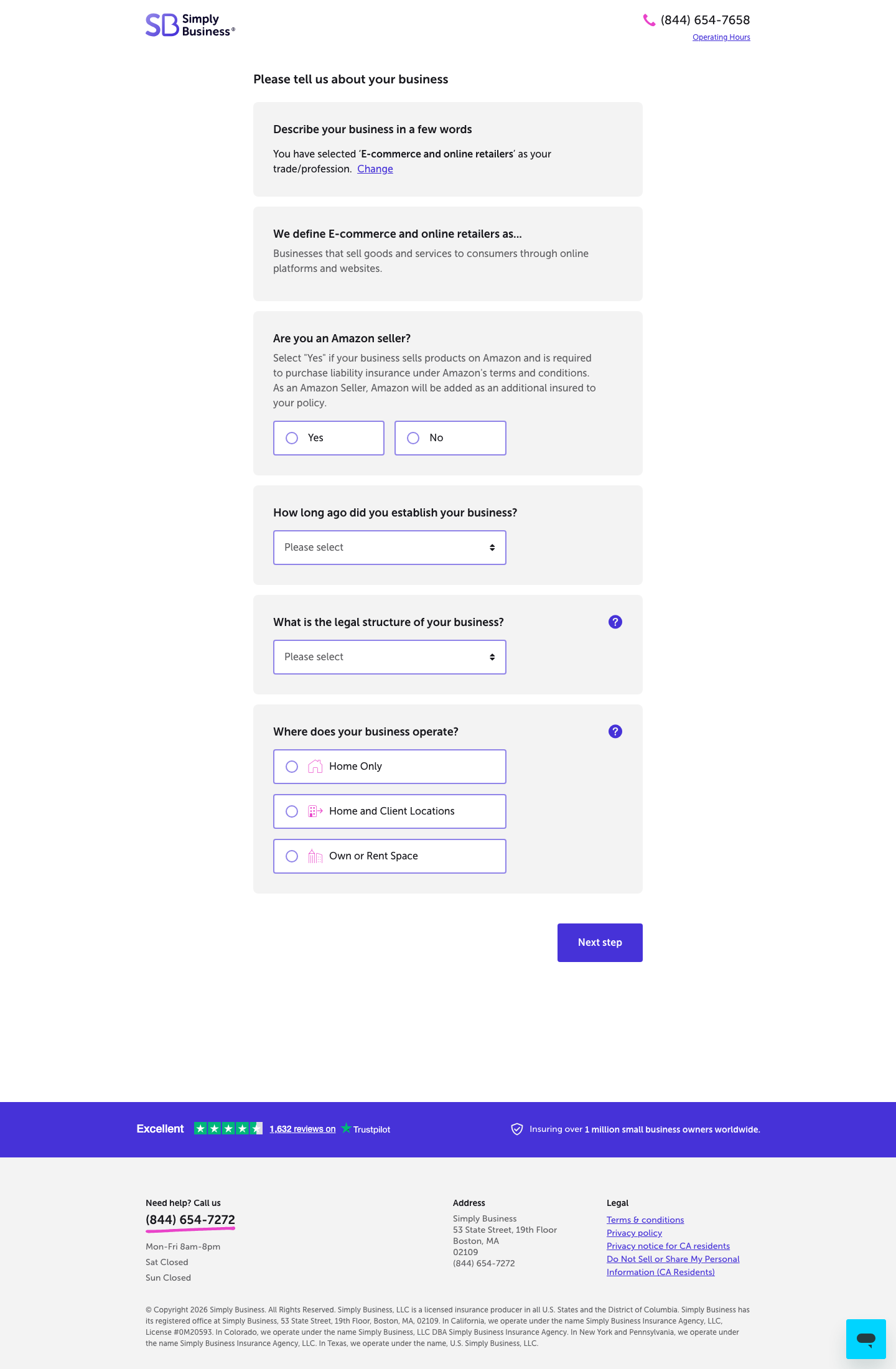 E-commerce business details screen